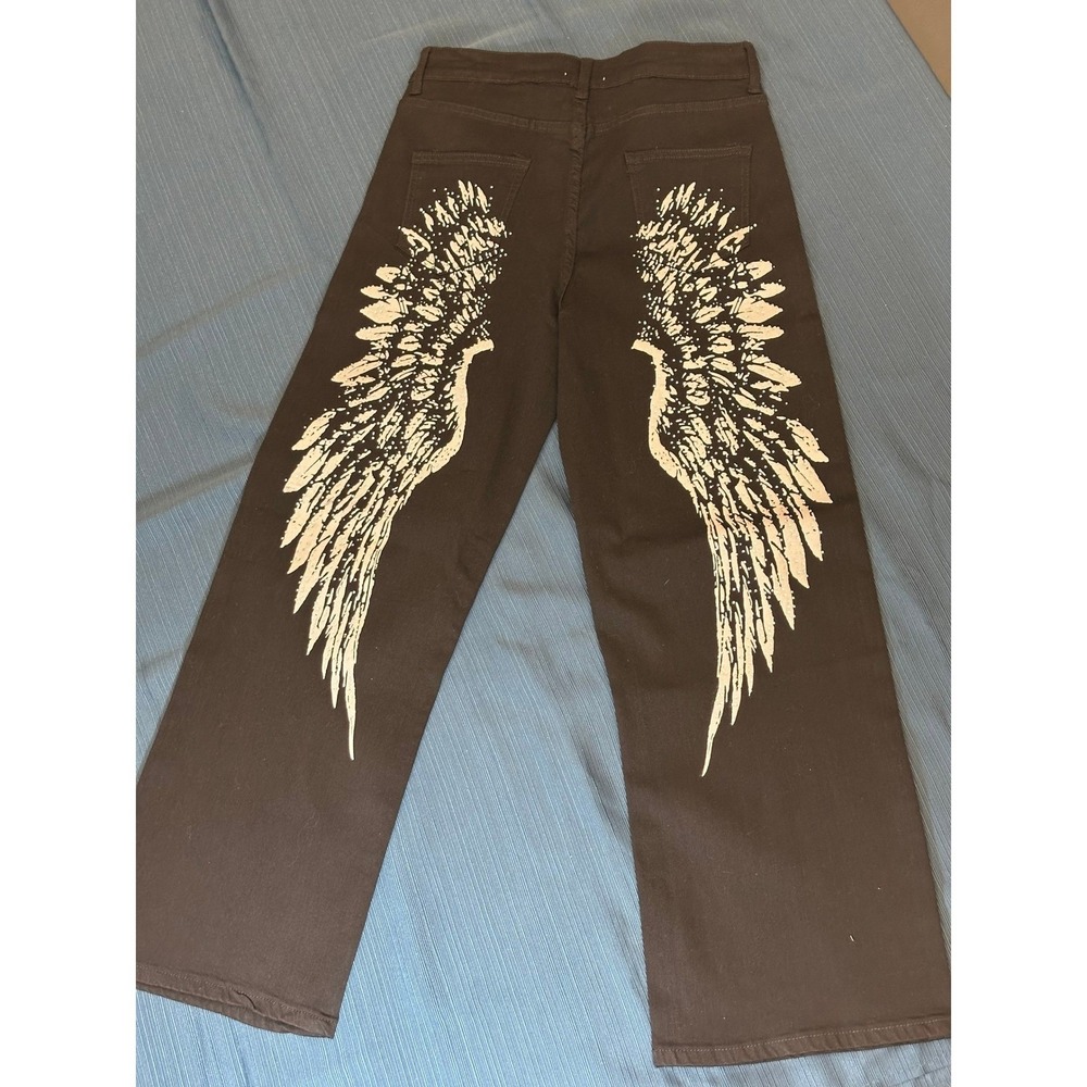 Bamboo Wide Leg Angel Wing Graphic Jeans Black Size 13 R/A2292 NWT - Picture 3 of 11